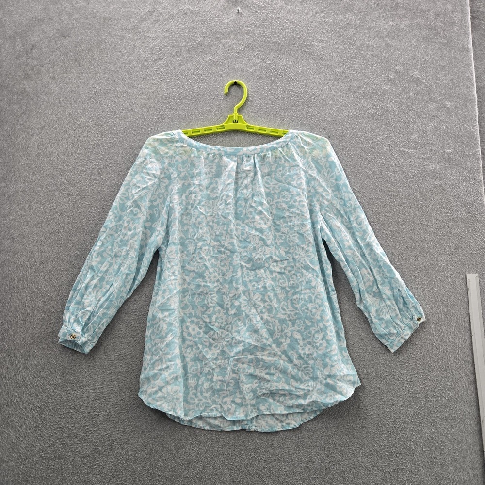 Charter Club Women Blouse L Light Blue Linen Floral Button Ruffle Scoop Neck - Picture 7 of 7